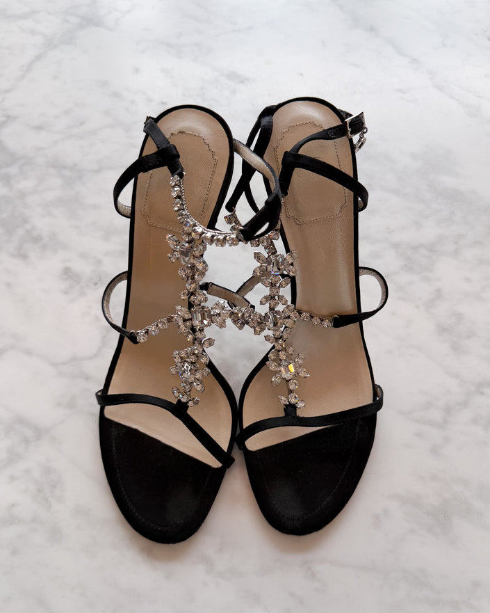 Christian Dior Vintage Black Suede Strappy Crystal Floral Embellished Heels (39)