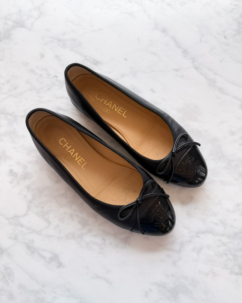 Chanel Black Leather Patent Cap Toe CC Ballet Flats (36.5)