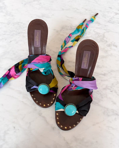 Emilio Pucci Multicolour Print Bow Wedge Sandals (38)