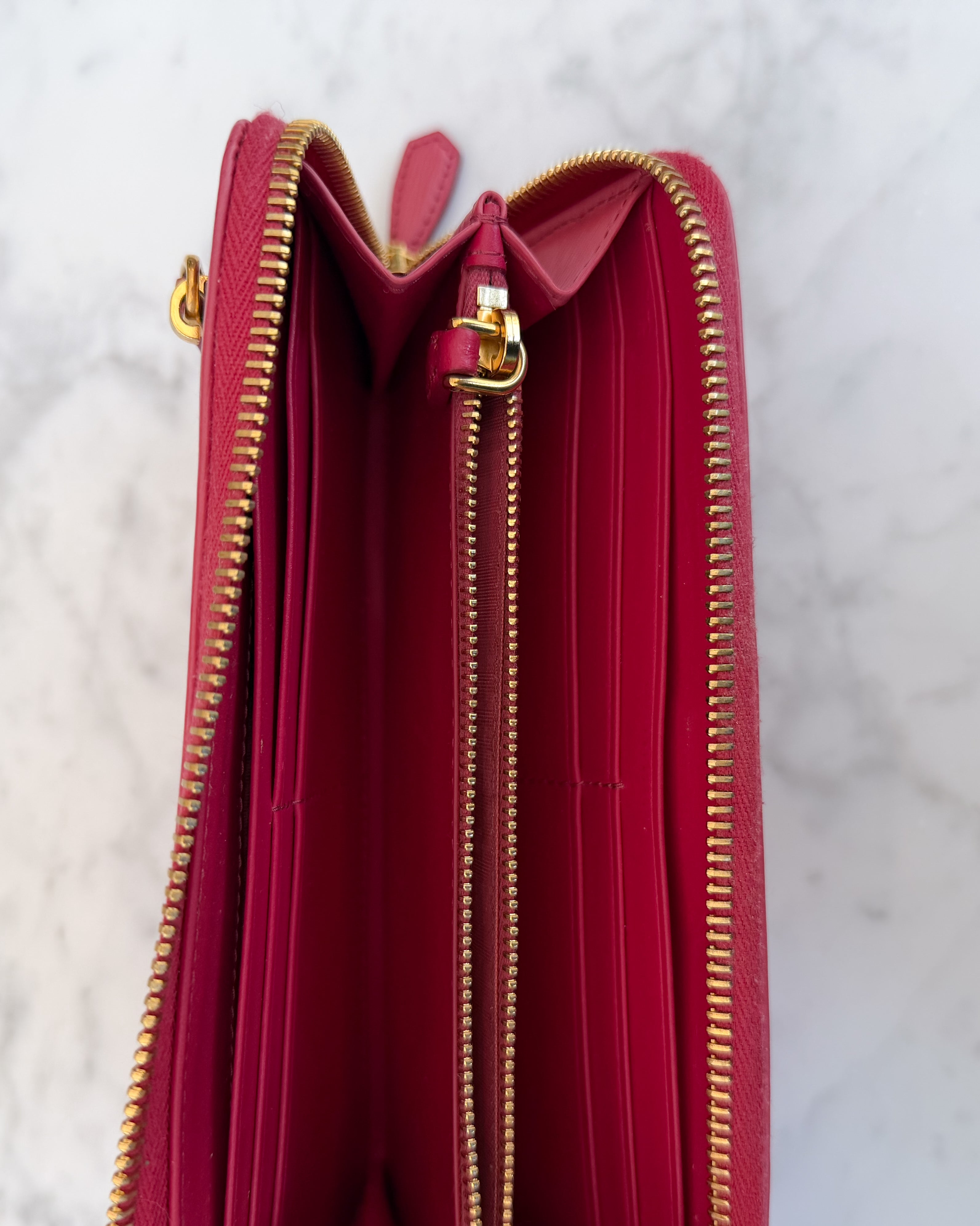 Prada Pink Saffiano Leather Zip Around Wallet with Original Box