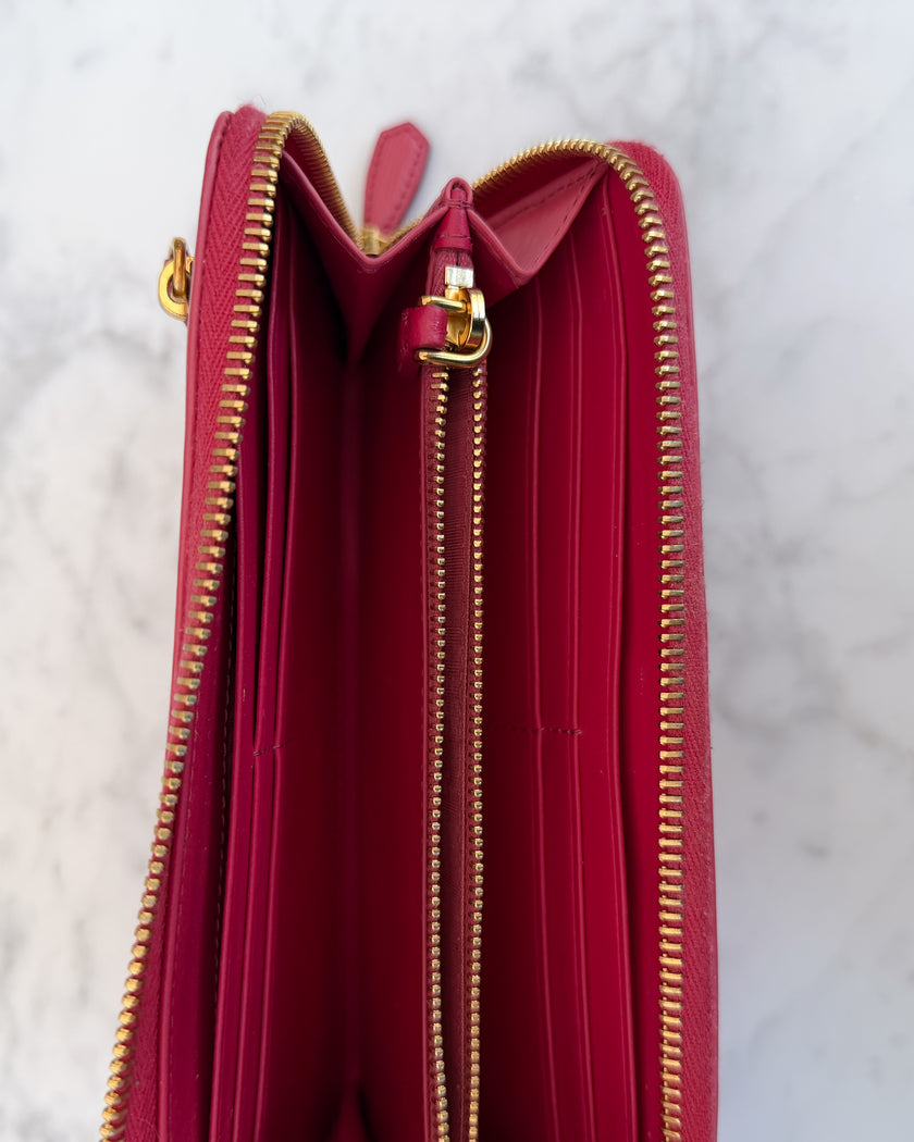 Prada Pink Saffiano Leather Zip Around Wallet with Original Box