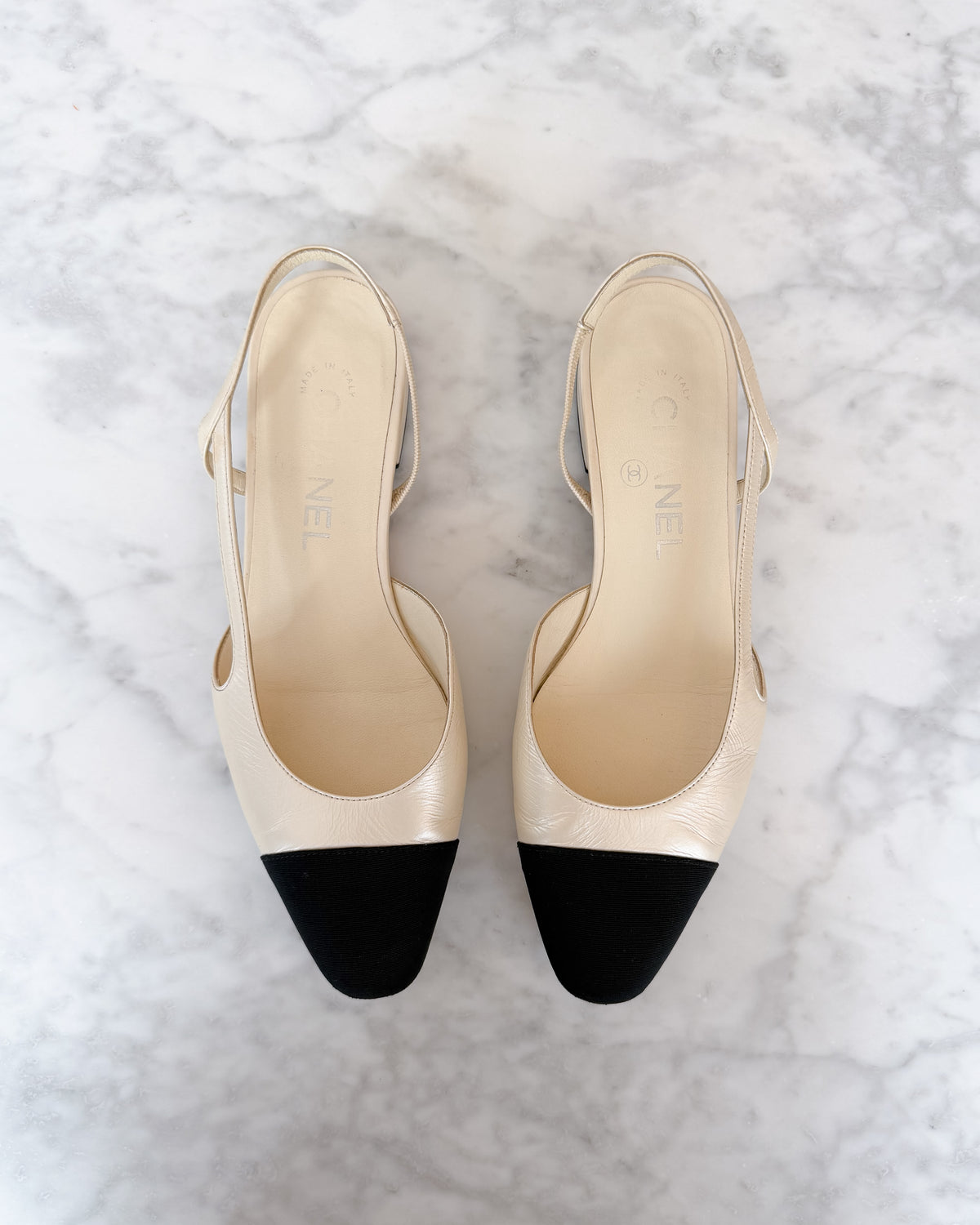 Chanel Pearl White & Black CC Cap Toe Slingbacks (36.5)