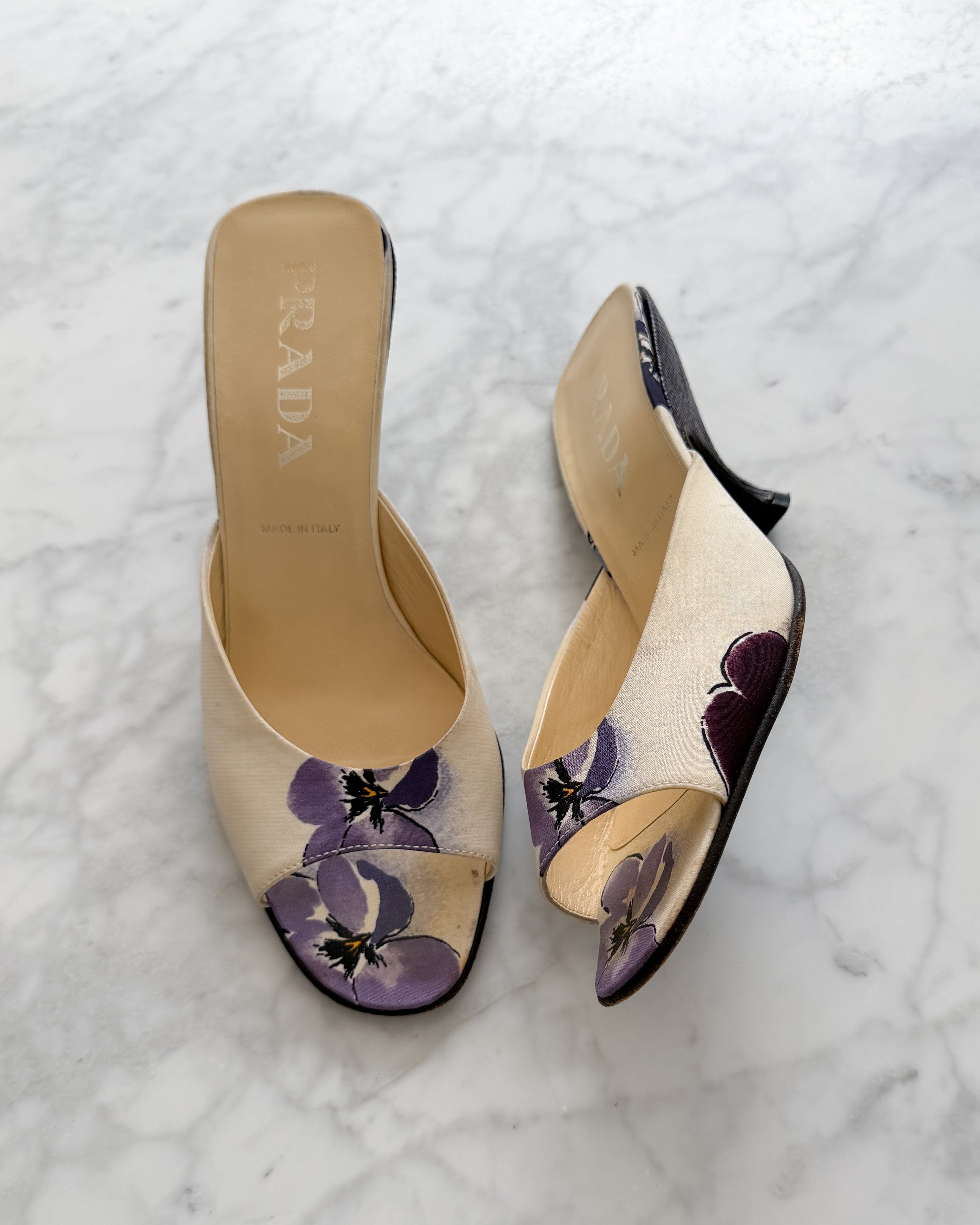 Prada F/W 2000 Silk Floral Mules with Lizard-Covered Heel (36)