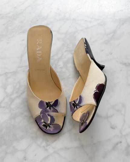 Prada F/W 2000 Silk Floral Mules with Lizard-Covered Heel (36)