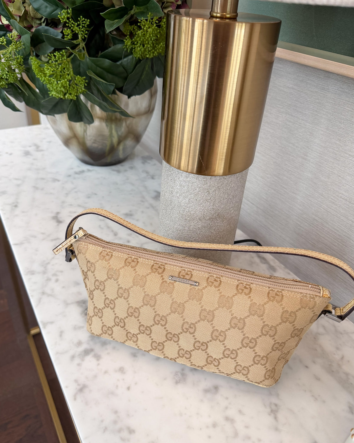 Gucci Beige GG Monogram Canvas Boat Bag with Beige Handle
