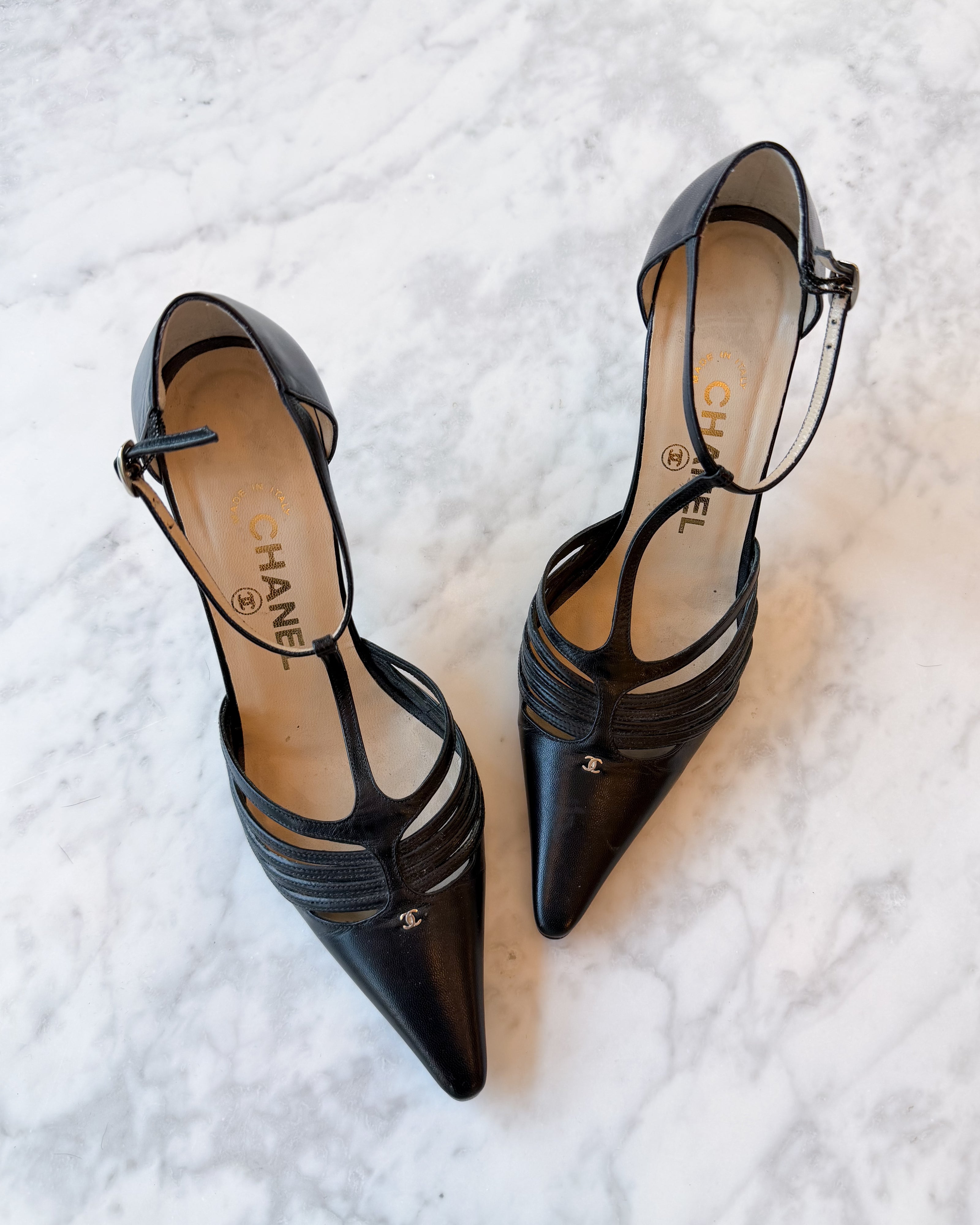 Chanel Black Leather Strappy CC Pumps With Signature Metal Heel (EU 35.5)