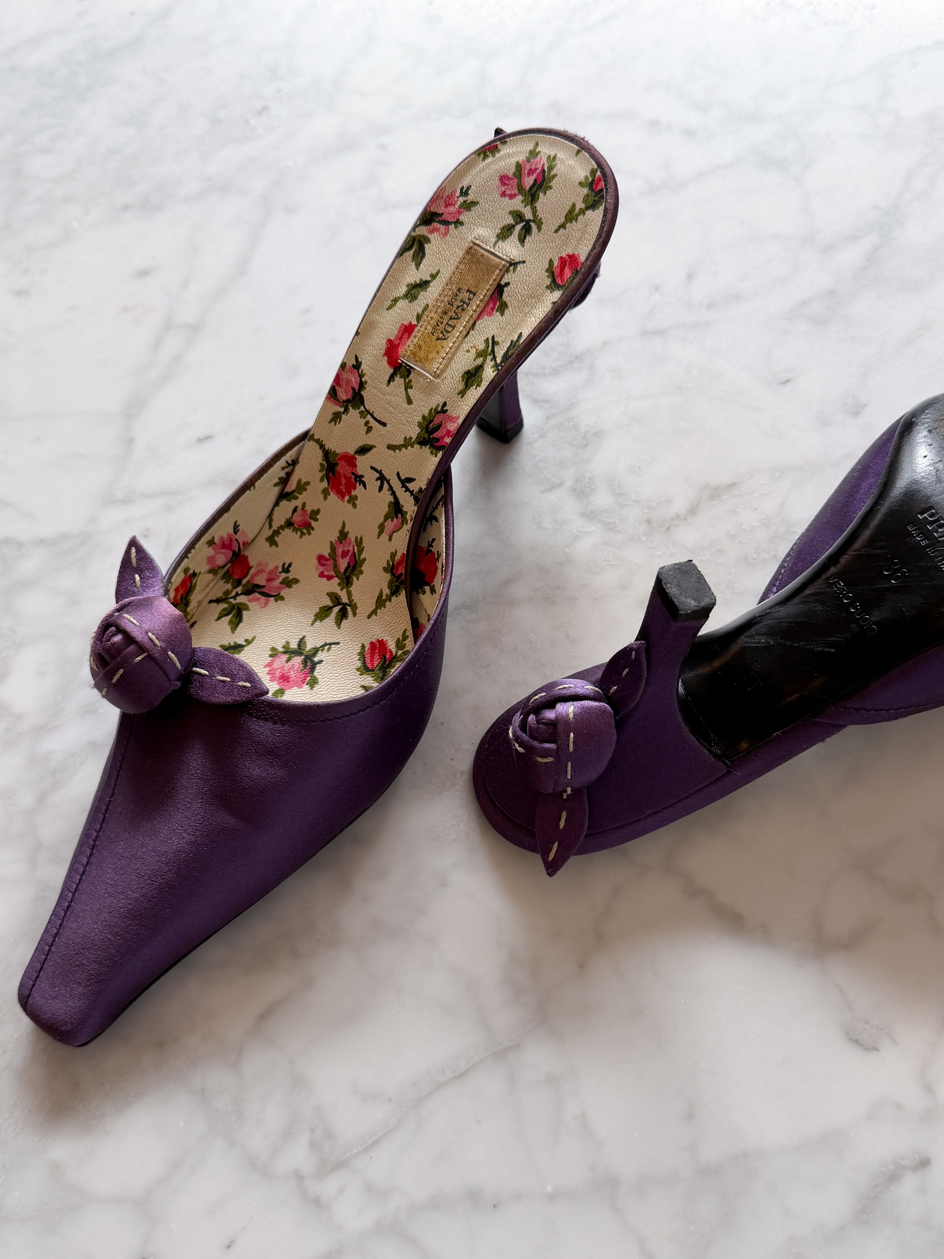 Prada 2000s Purple Satin Rose Print Mule Heels (36)