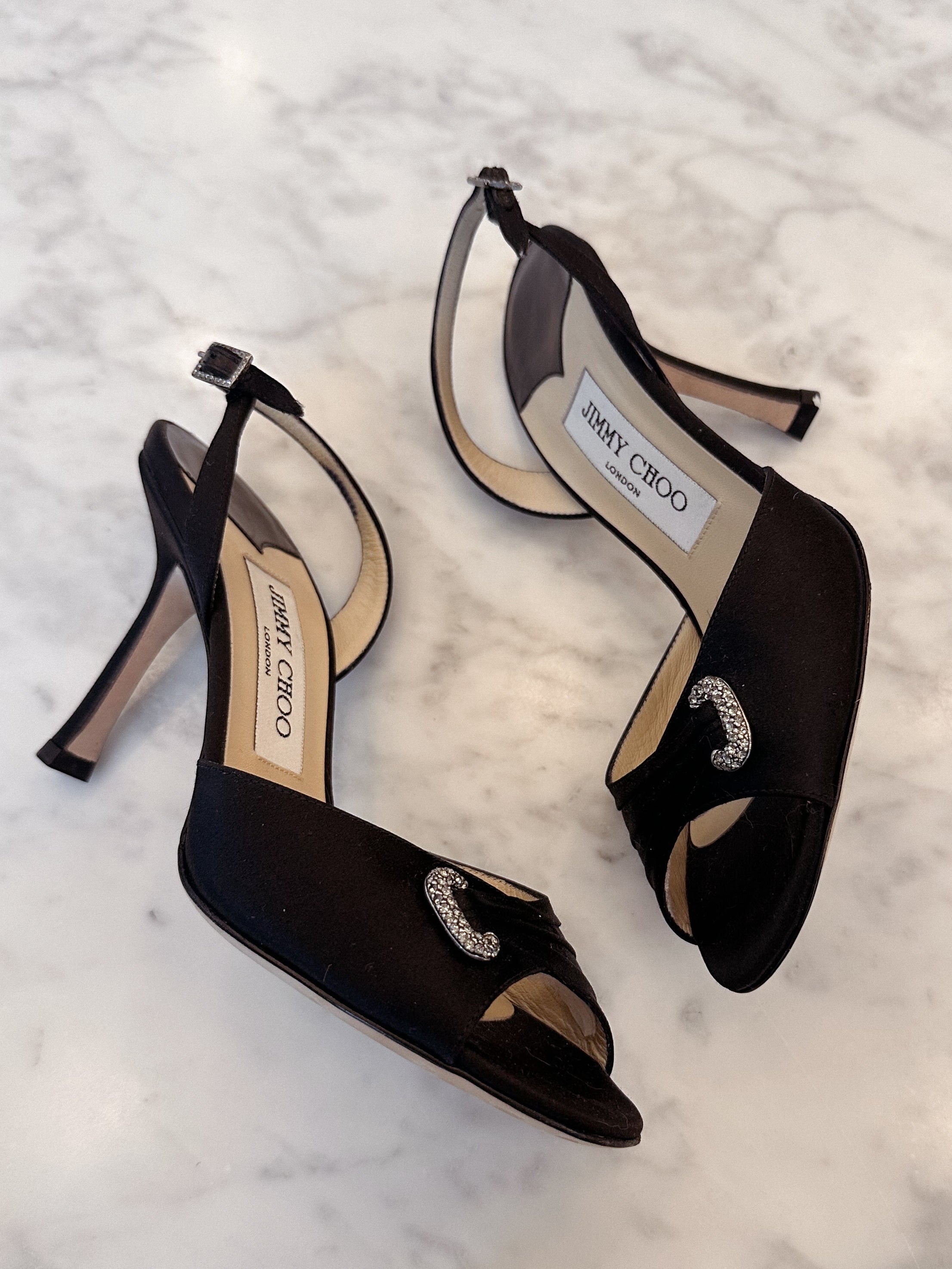 Jimmy Choo Black Satin Destino Heels with Crystal Buckles (36.5) RRP $630