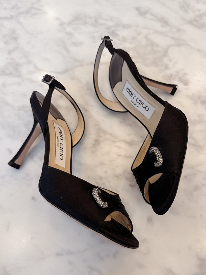 Jimmy Choo Black Satin Destino Heels with Crystal Buckles (36.5) RRP $630
