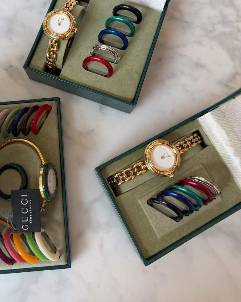 Vintage Gucci Gold Bracelet Watch - Full Set with 6 Interchangeable Bezels & Box