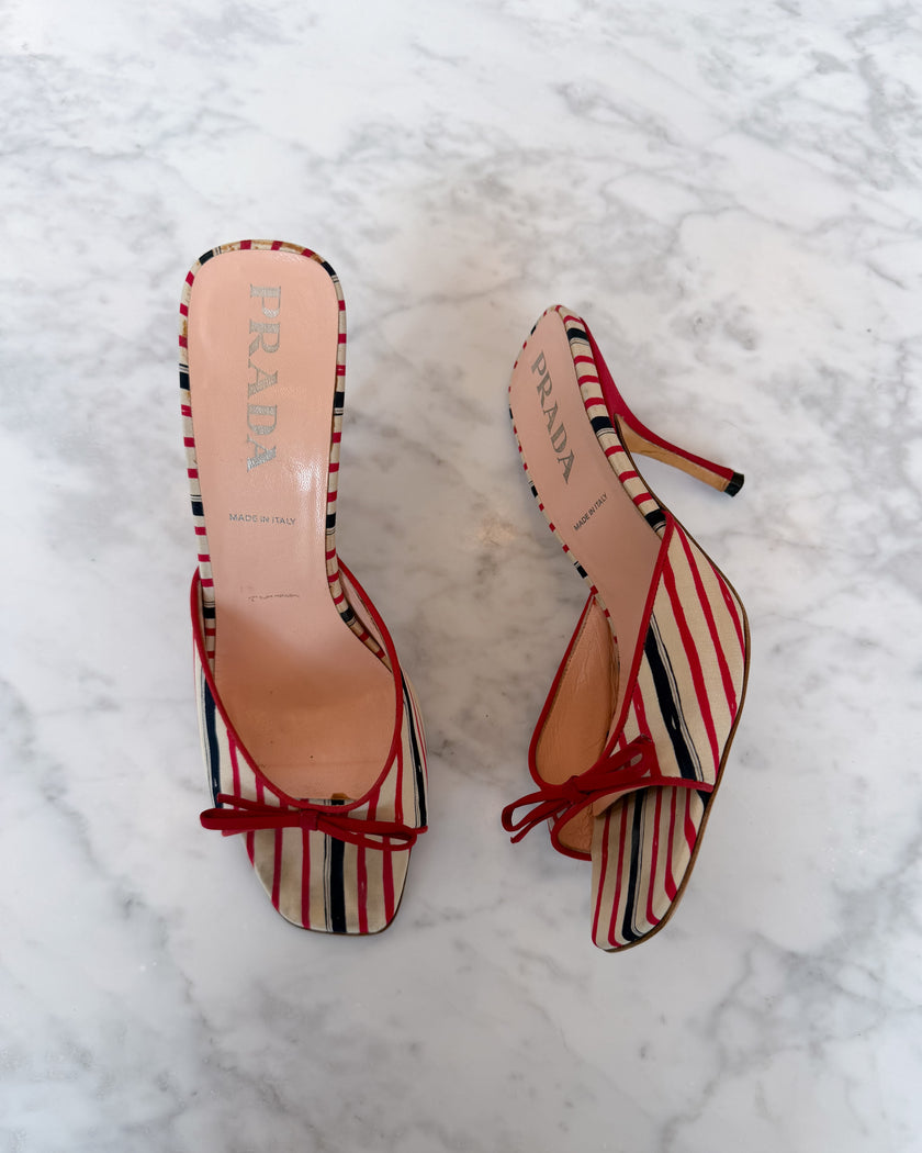 Prada 2000s Red & Navy Striped Canvas Mule Heels with Bows (38)
