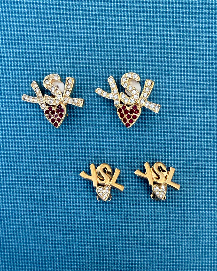 Yves Saint Laurent Vintage Gold-Tone YSL Logo Heart Clip-On Earrings with Red Crystals