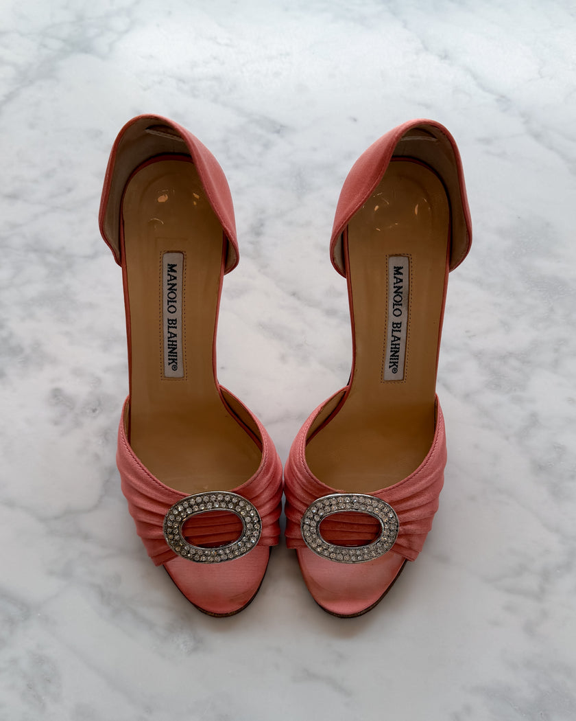 Manolo Blahnik Sedaraby Peach Pink Satin Heels with Crystal Buckle (35)