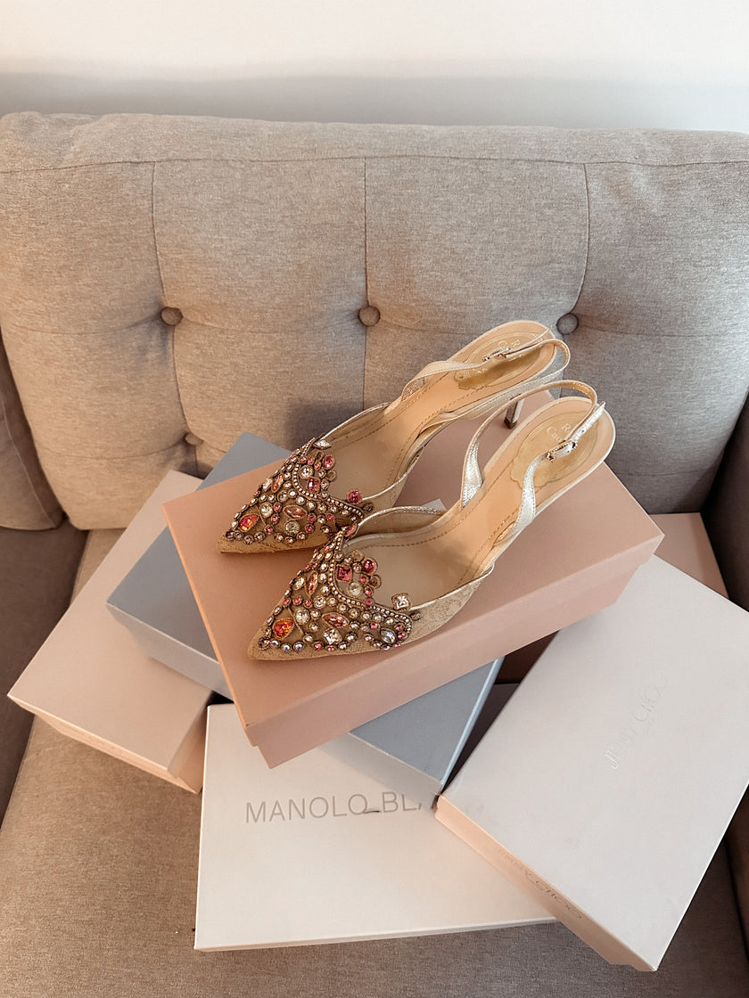 René Caovilla Sparkly Embellished Slingback Heels (39)