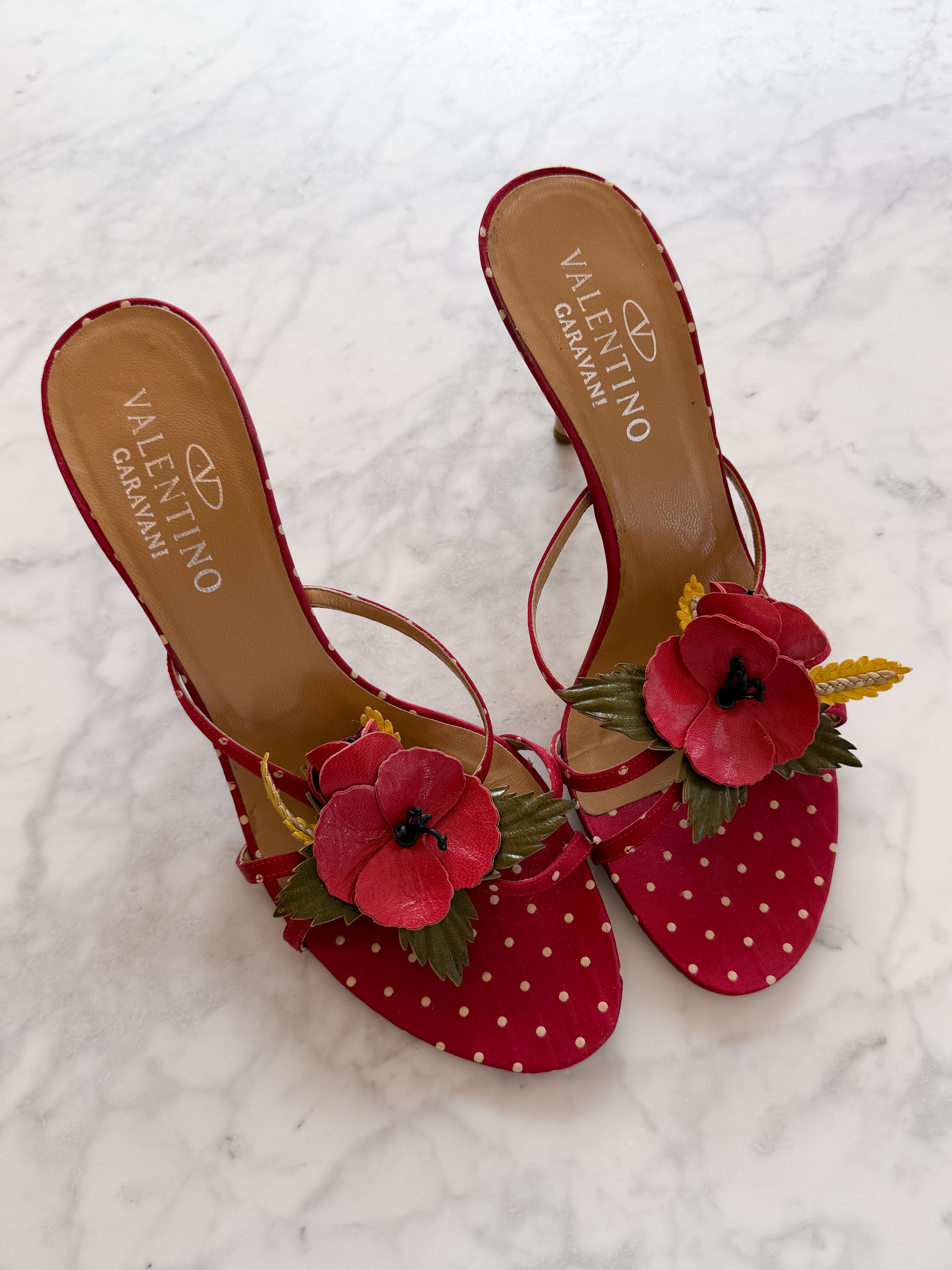 Valentino Garavani 2000s Red Polka Dot Poppy Floral Appliqué Mule Heels (40)