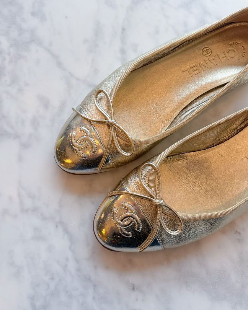Chanel Metallic Gold Champagne and Silver Holo CC Ballet Flats (36.5) - VERY RARE