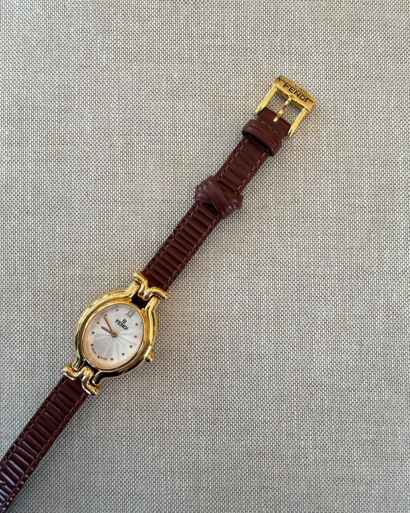 Vintage Fendi Gold Tone Watch with Brown Leather Strap