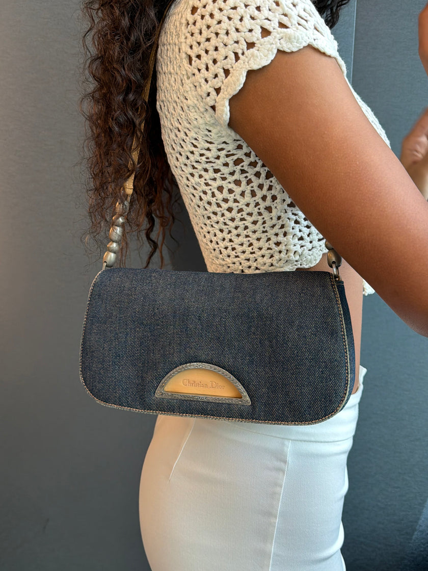 Christian Dior Malice Denim Shoulder Bag with Silver Hardware