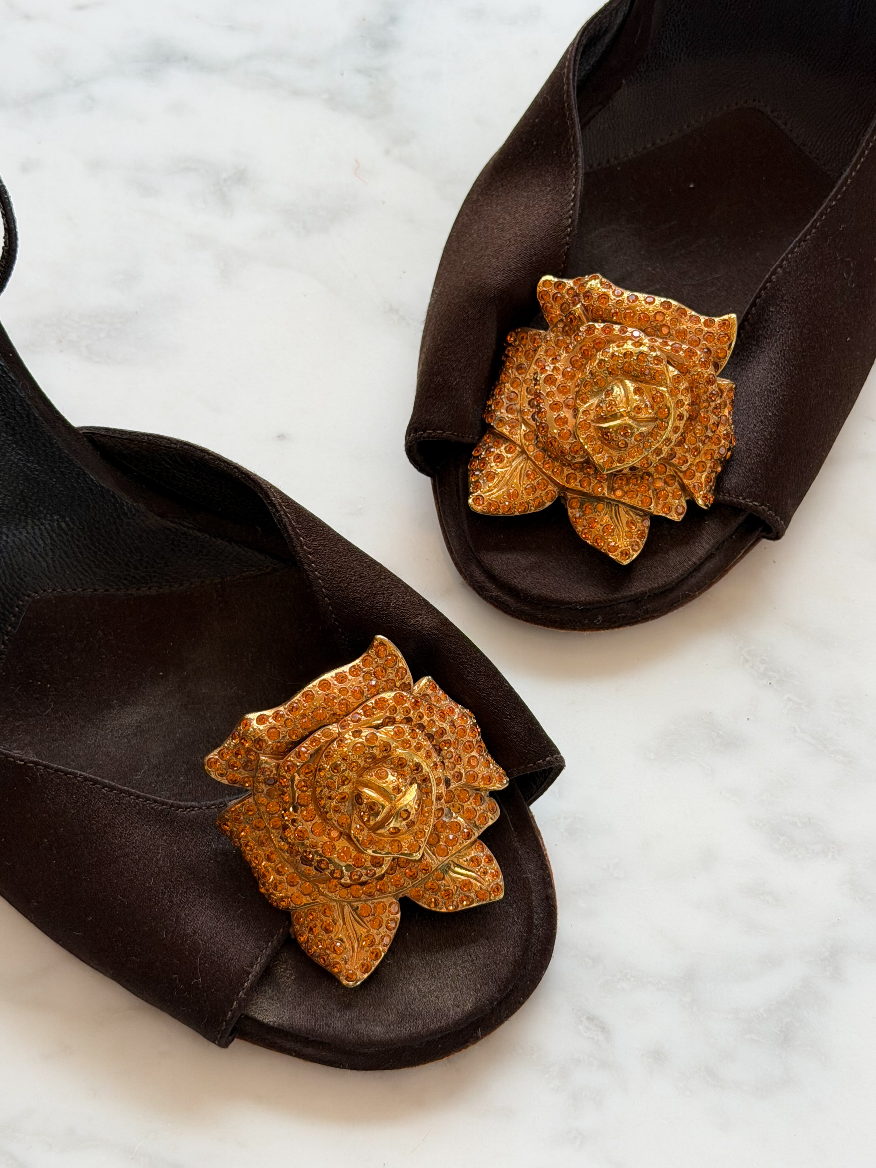 Valentino Garavani Brown Satin Slingback Heels with Gold Rose Embellishment (38.5)