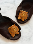 Valentino Garavani Brown Satin Slingback Heels with Gold Rose Embellishment (38.5)