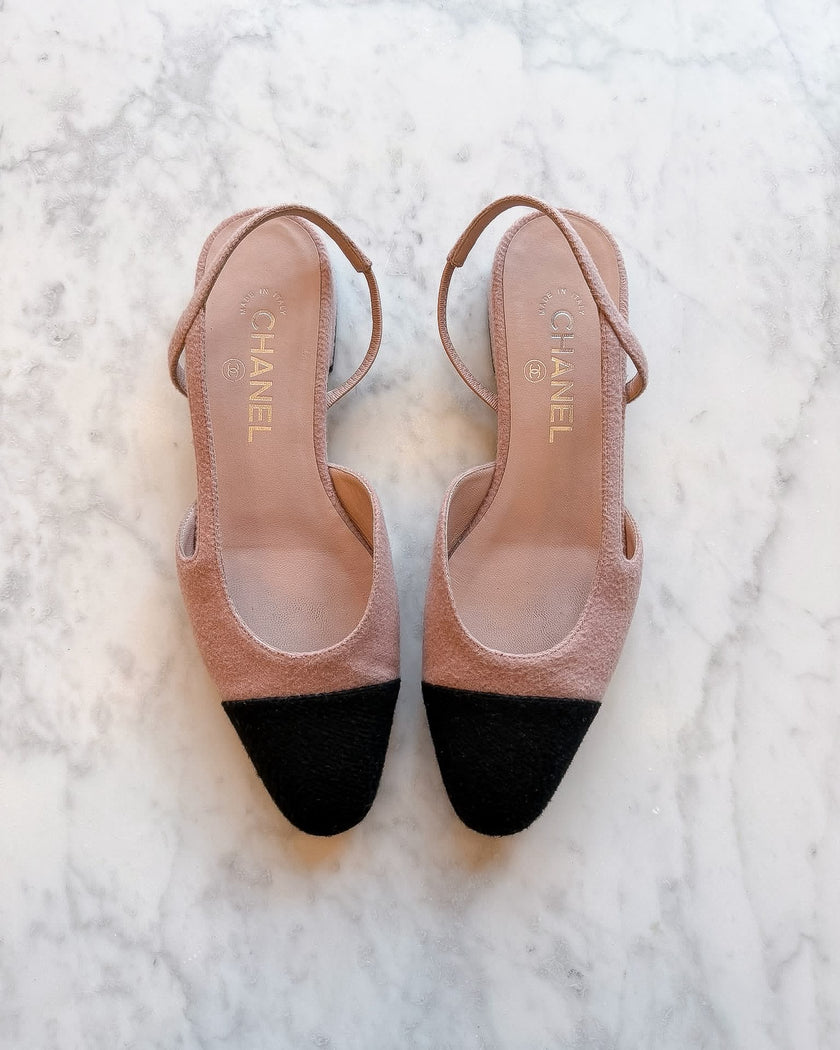 Chanel Pink Tweed & Black Cap-Toe Slingback Flats (38)