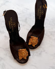 Valentino Garavani Brown Satin Slingback Heels with Gold Rose Embellishment (38.5)