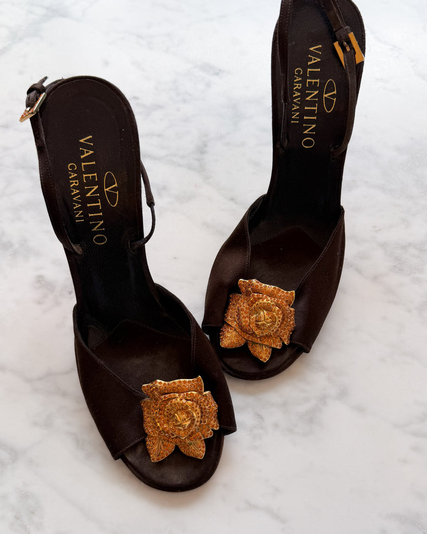 Valentino Garavani Brown Satin Slingback Heels with Gold Rose Embellishment (38.5)