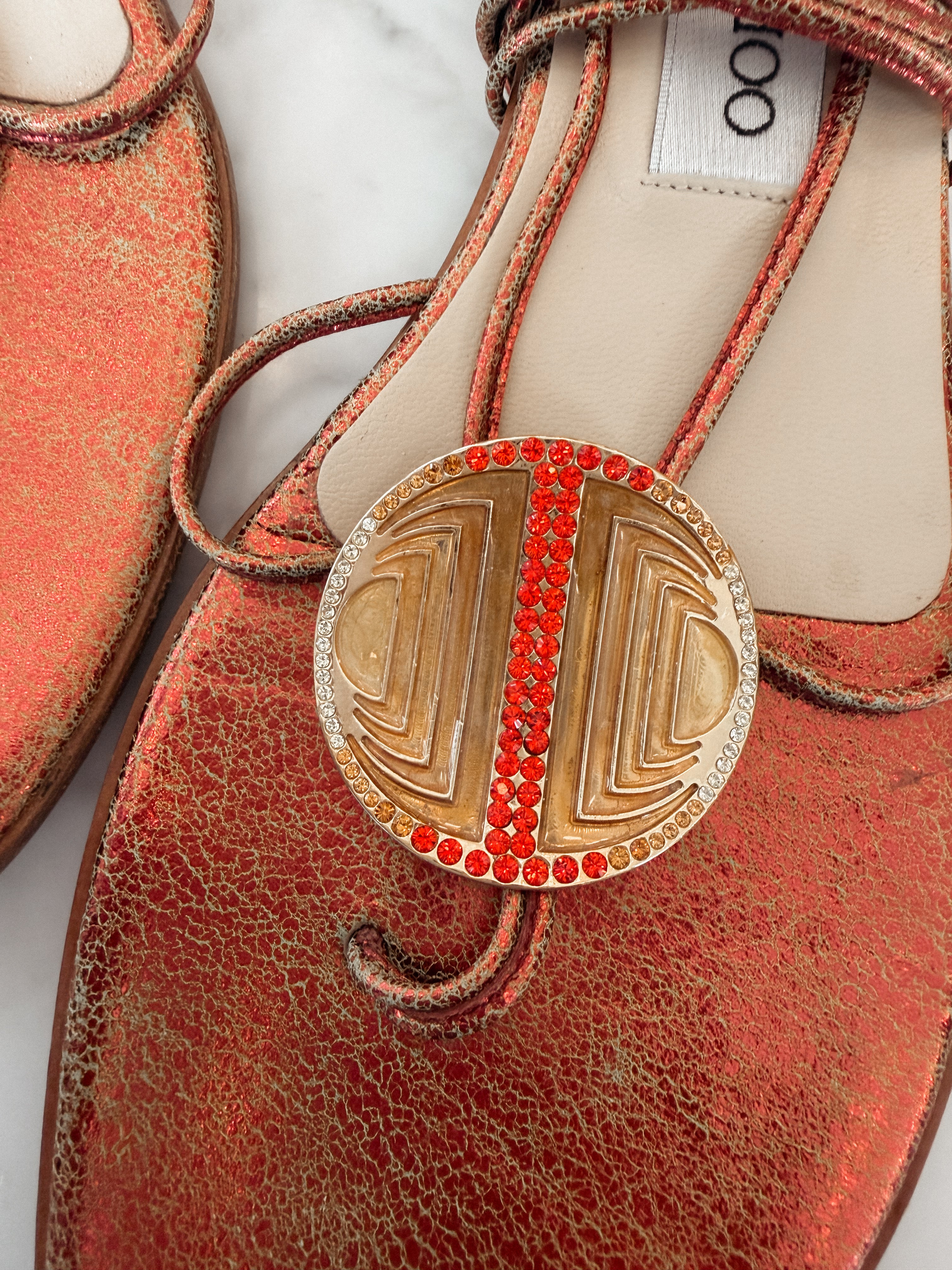 Jimmy Choo 2000s Metallic Leather Lace-Up Flat Sandals with Crystal Medallion Detail (39.5)