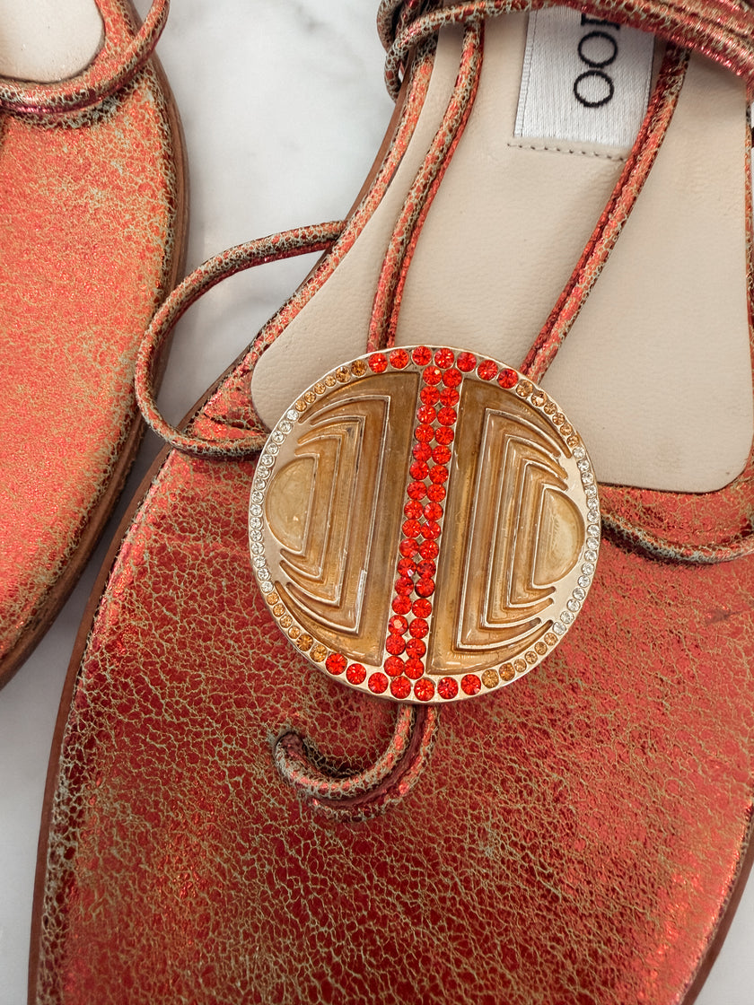 Jimmy Choo 2000s Metallic Leather Lace-Up Flat Sandals with Crystal Medallion Detail (39.5)