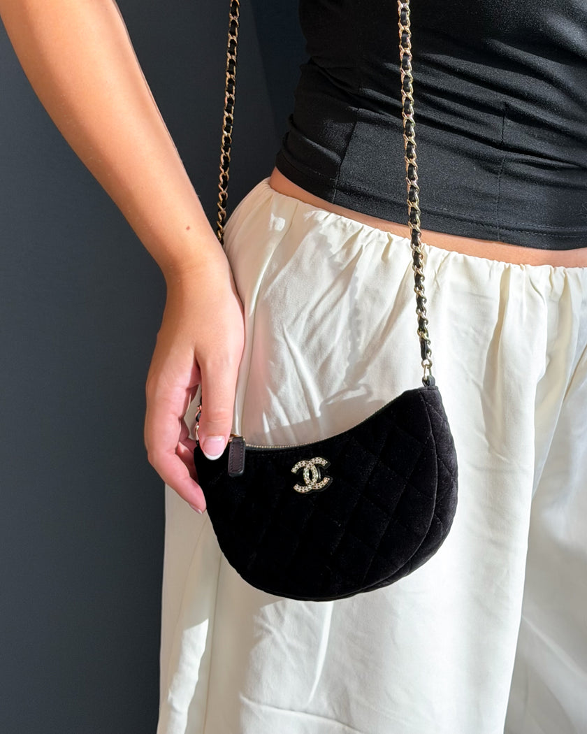 2024 Chanel Black Velvet Crystal CC Half Moon Bag
