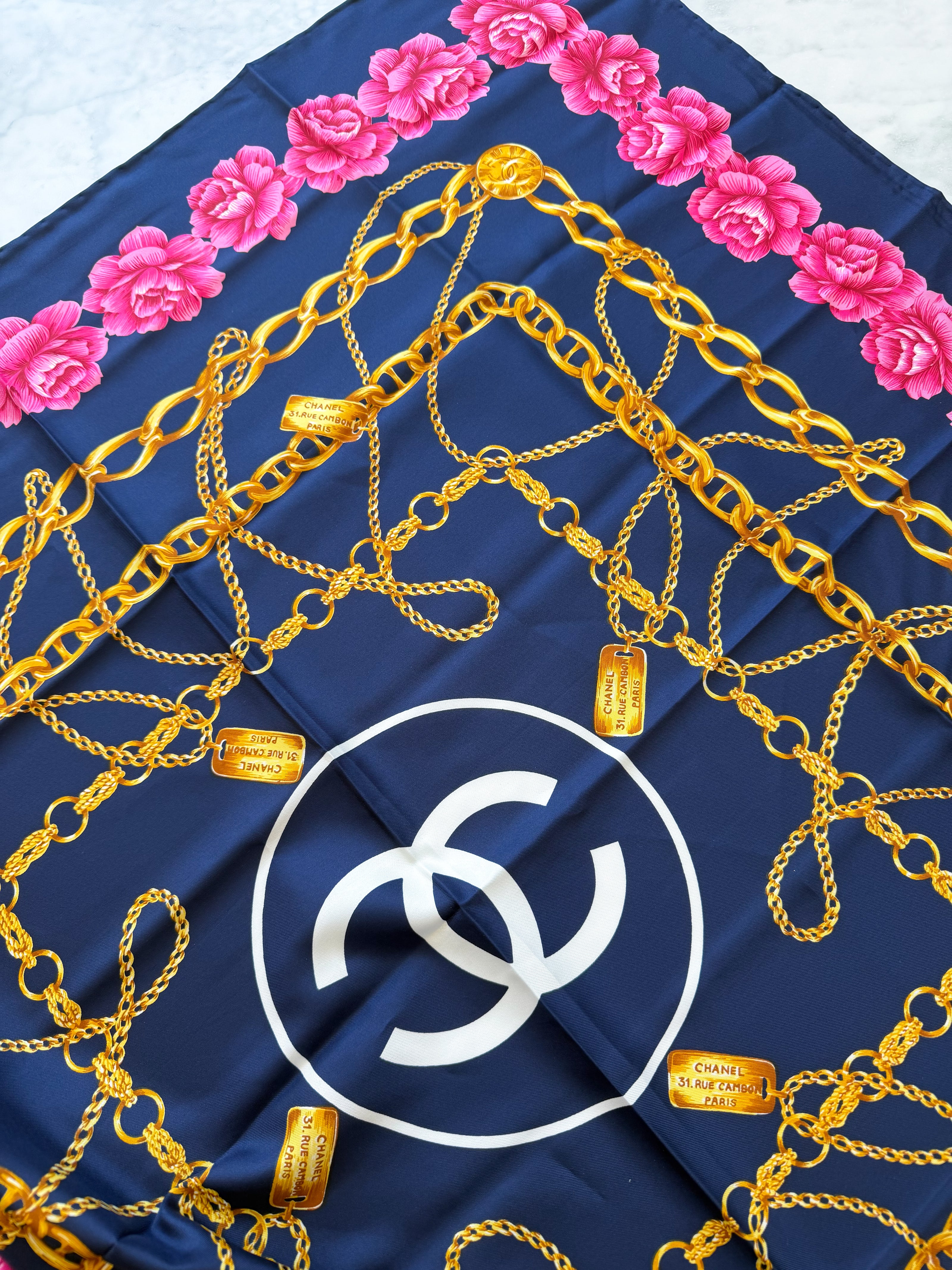 Chanel Vintage Large Silk Scarf CC Logo Pink Camellia Gold Chain Print (Brand New!)