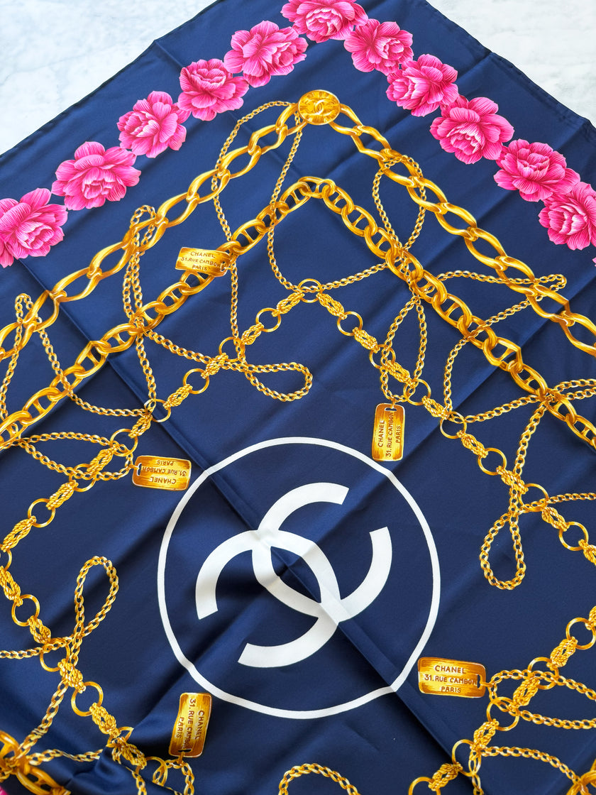 Chanel Vintage Large Silk Scarf CC Logo Pink Camellia Gold Chain Print (Brand New!)