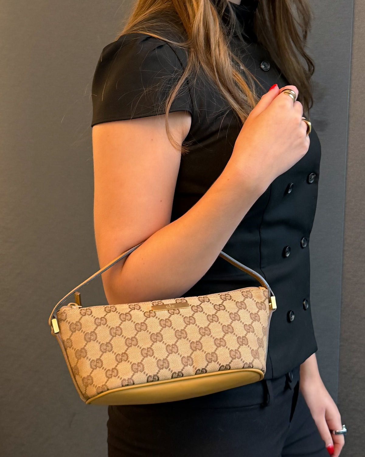 Gucci Beige & Brown GG Monogram Canvas Boat Bag with Beige Handle