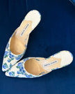 Manolo Blahnik Blue Floral Kitten Heel Mules (37.5)
