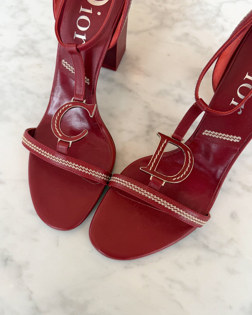 Dior by John Galliano S/S 2005 Red Leather CD Logo Strap Sandal Heels UNWORN (39)
