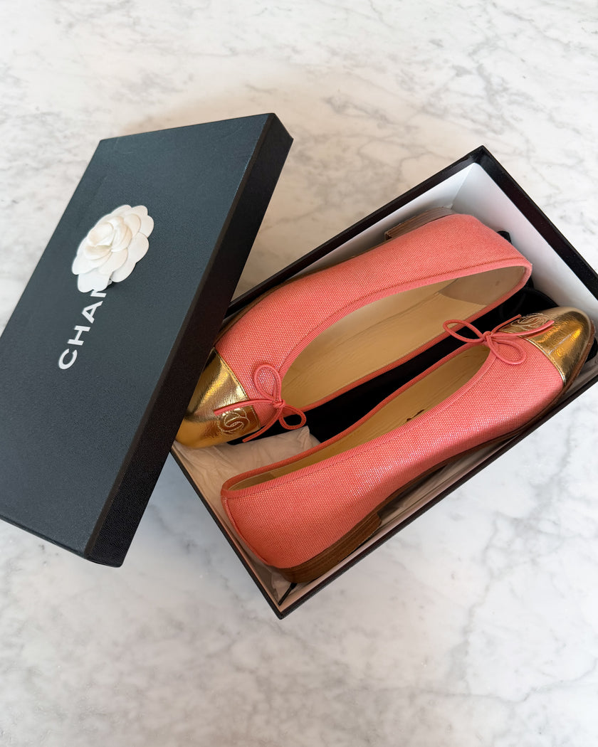 Chanel Coral Shimmer Gold CC Cap Toe Ballet Flats (41.5)