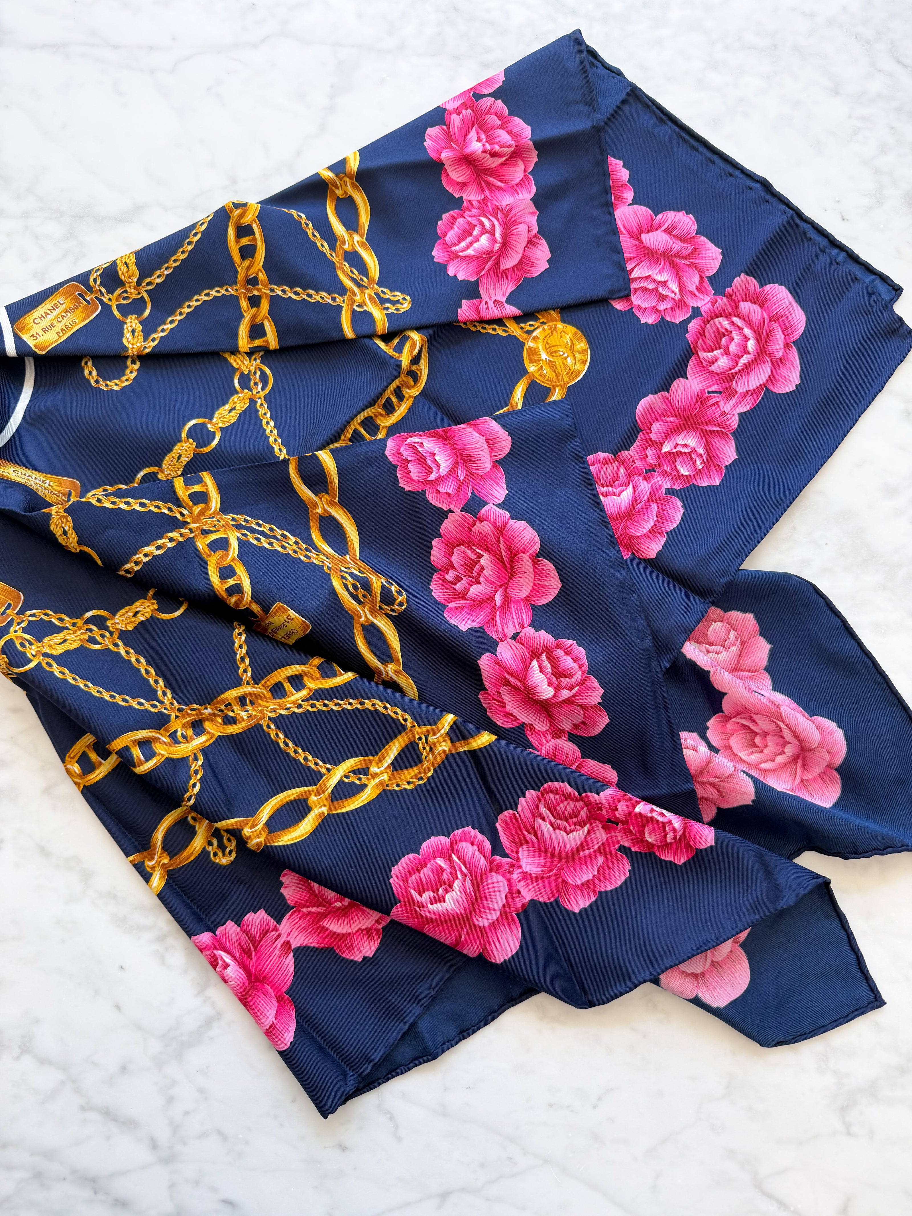 Chanel Vintage Large Silk Scarf CC Logo Pink Camellia Gold Chain Print (Brand New!)