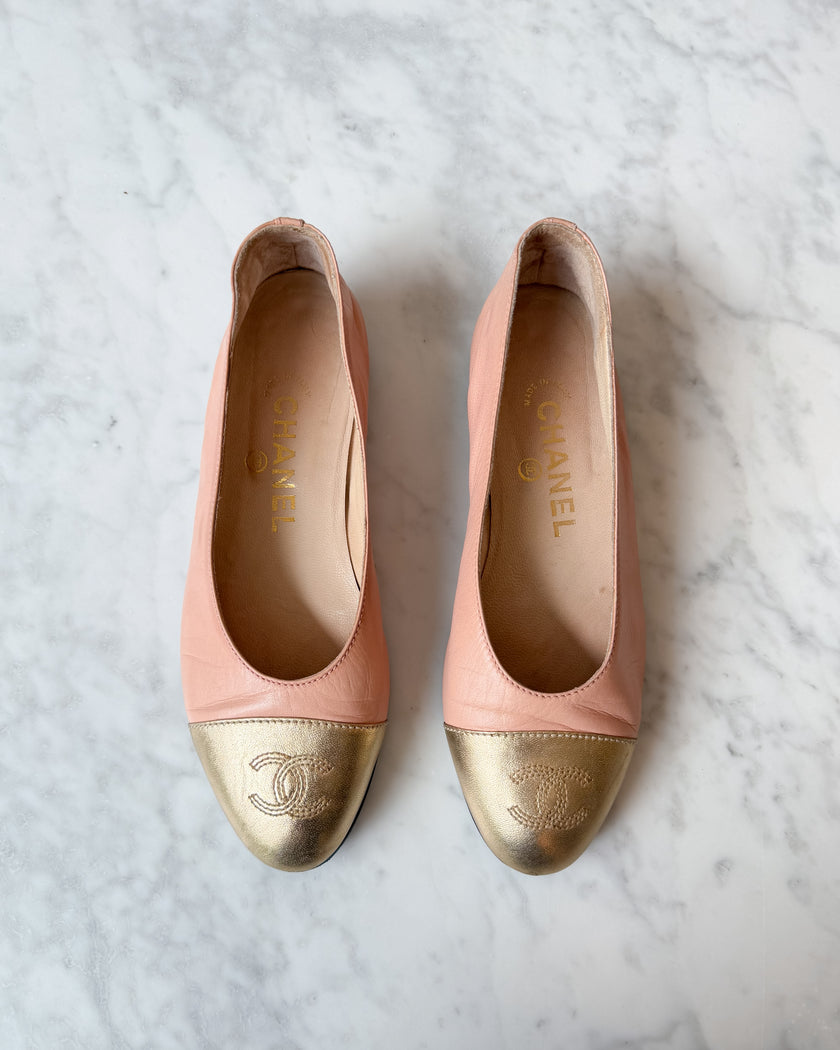 Chanel Blush Pink & Gold CC Cap Toe Ballet Flats (36)