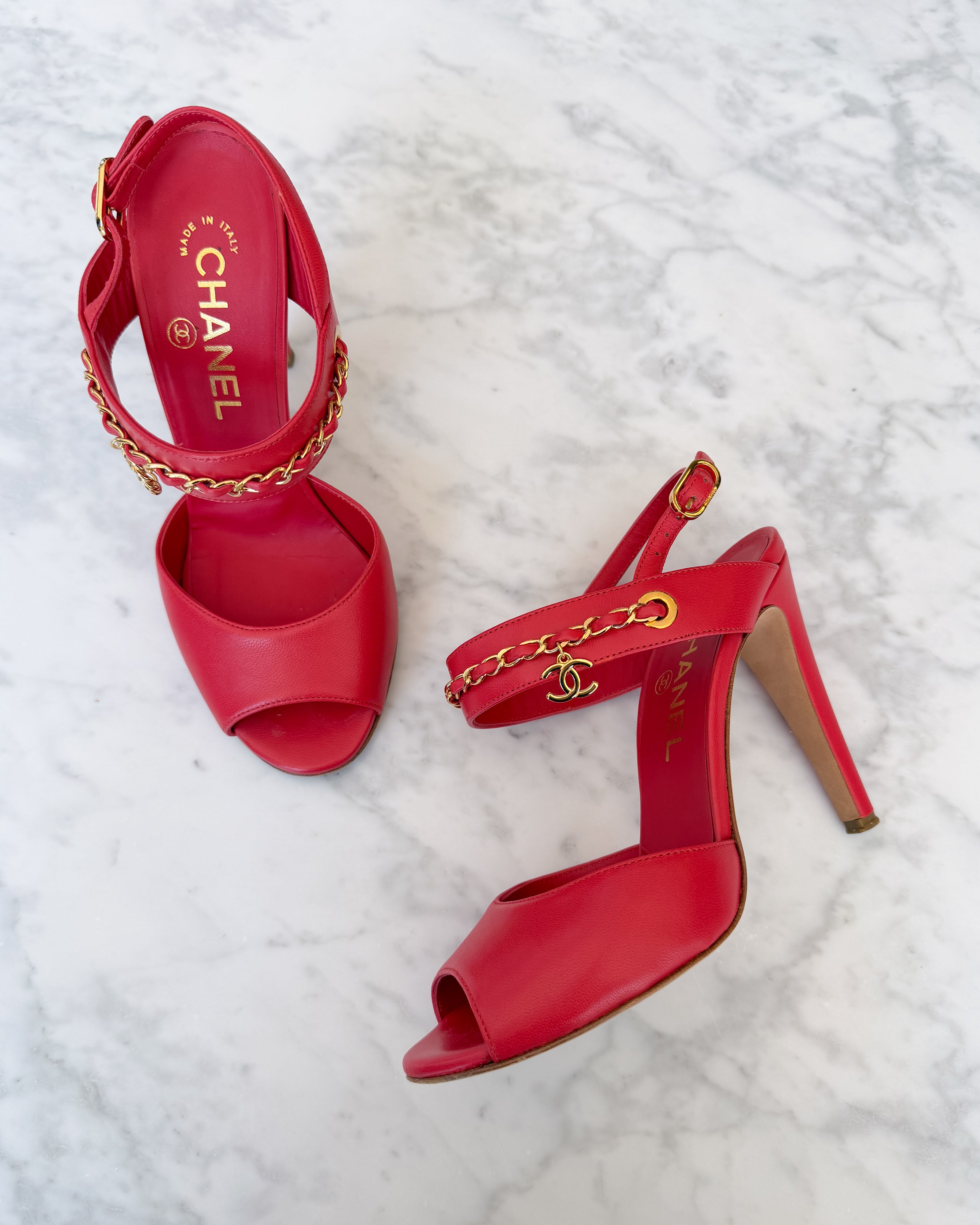 Chanel Watermelon Red Leather CC Logo Chain Open Toe Heels with Clover Charm (36.5)
