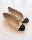 Chanel Metallic Pearl & Black Patent CC Ballet Flats (37.5)
