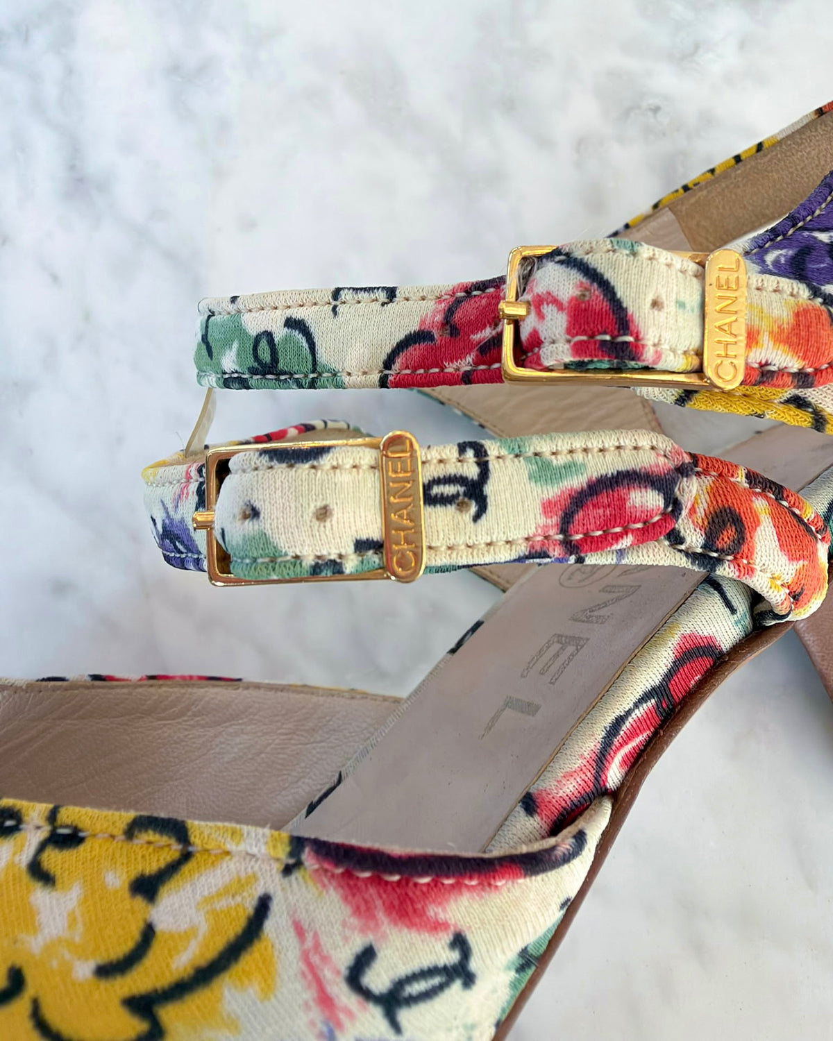 Chanel Camellia CC Multicolour Print Heels (37.5)