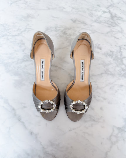 Manolo Blahnik Crystal & Pearl Buckle Slingback Heels (35.5)