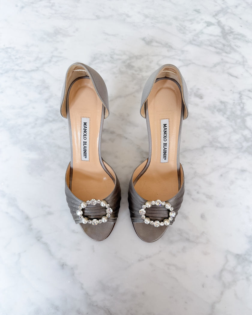 Manolo Blahnik Crystal & Pearl Buckle Slingback Heels (35.5)