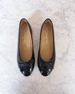 Chanel Black Leather Patent Cap Toe CC Ballet Flats (37.5)