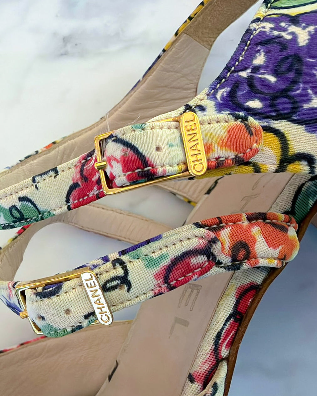 Chanel Camellia CC Multicolour Print Heels (37.5)