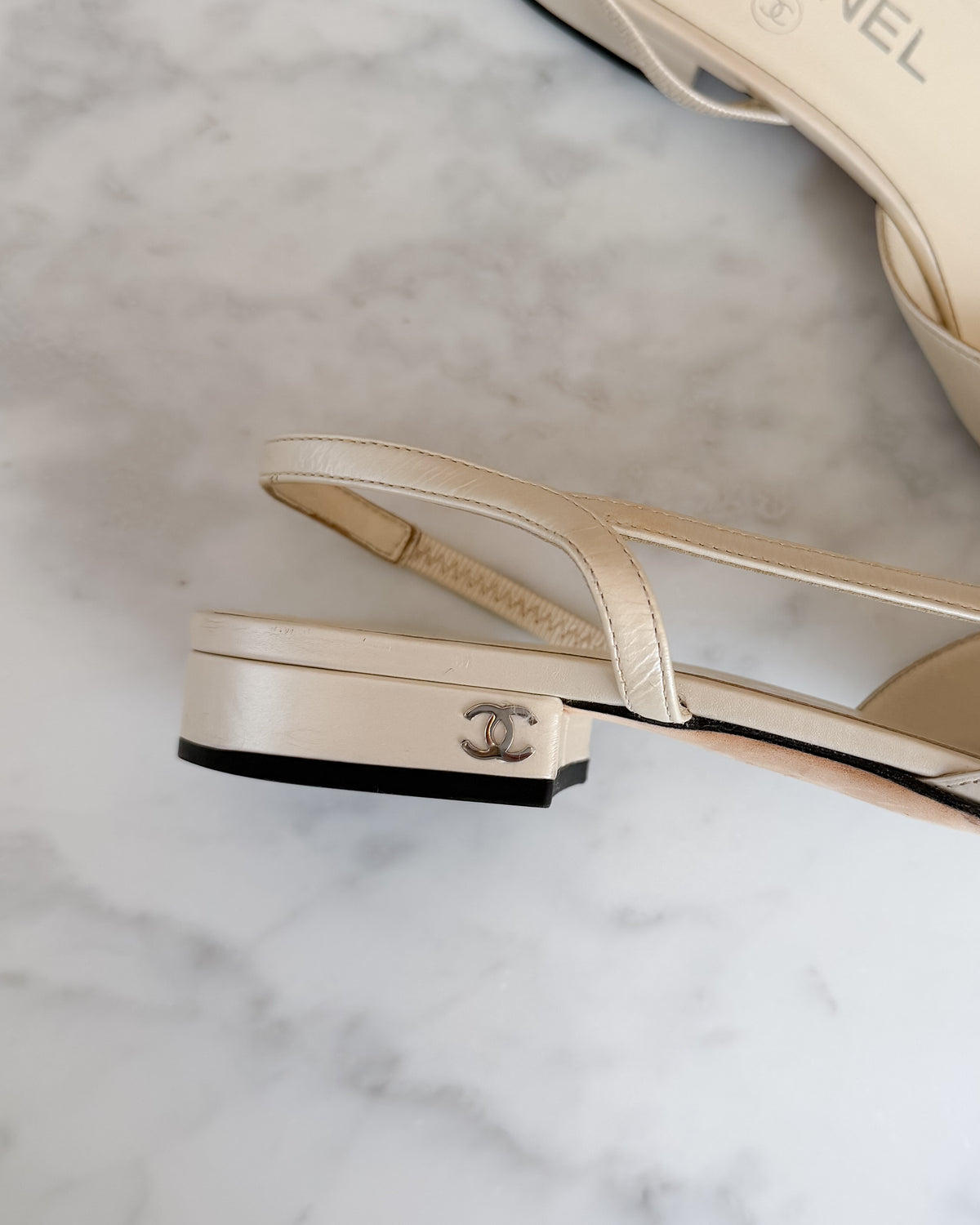 Chanel Pearl White & Black CC Cap Toe Slingbacks (36.5)