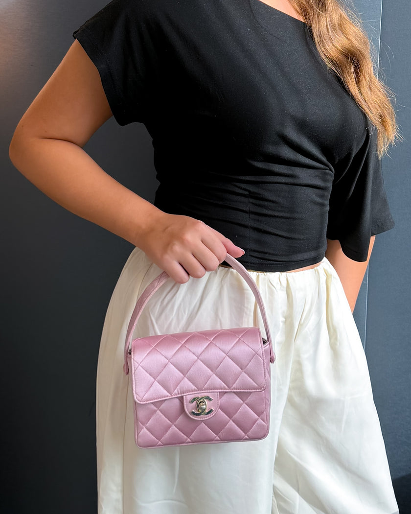 Chanel Baby Pink Satin Quilted Handbag with Silver Hardware - VERY RARE ARCHIVAL PIECE