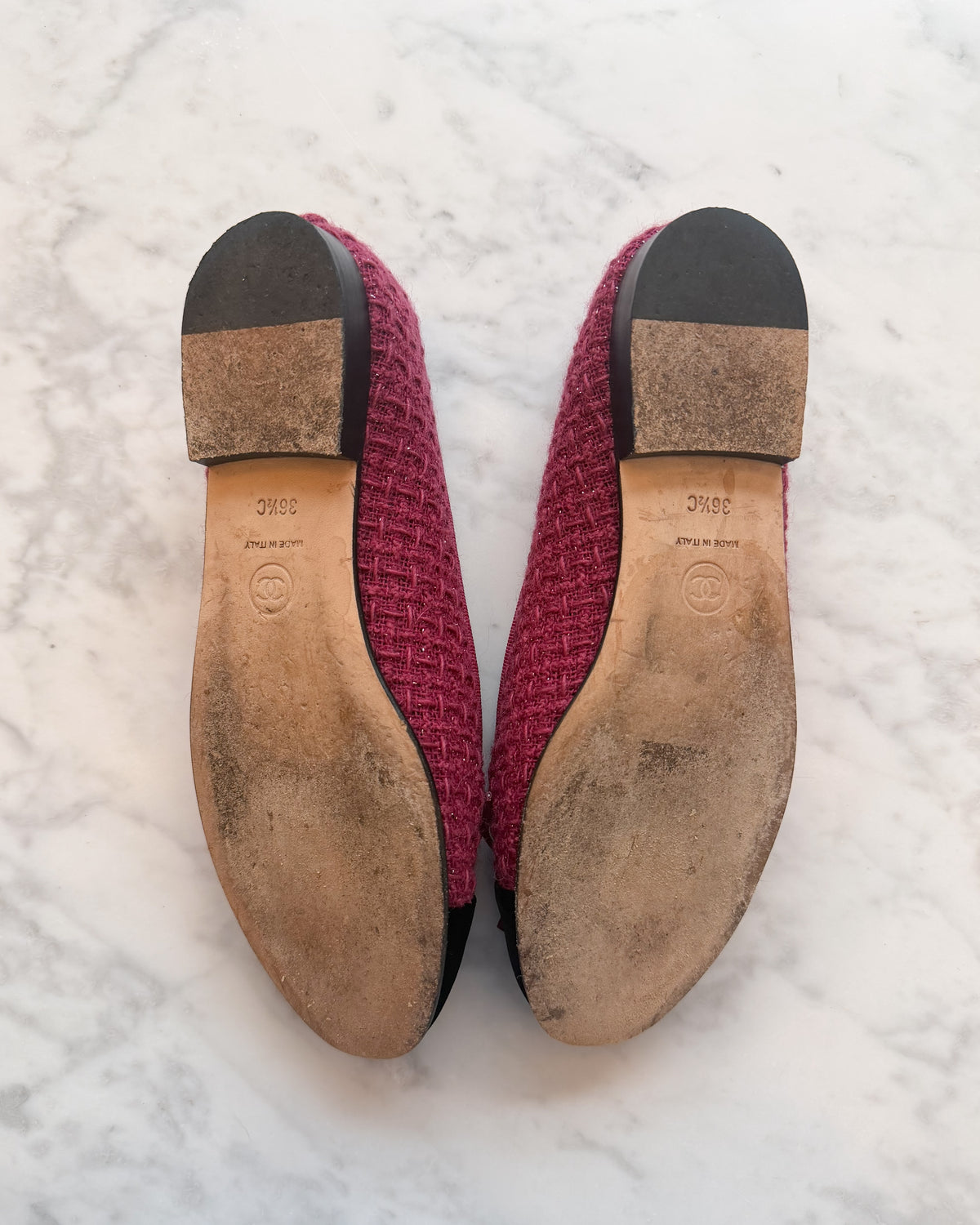 Chanel Burgundy Tweed with Silver Thread & Black Velvet CC Ballet Flats (36.5)