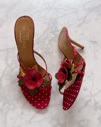 Valentino Garavani 2000s Red Polka Dot Poppy Floral Appliqué Mule Heels (40)