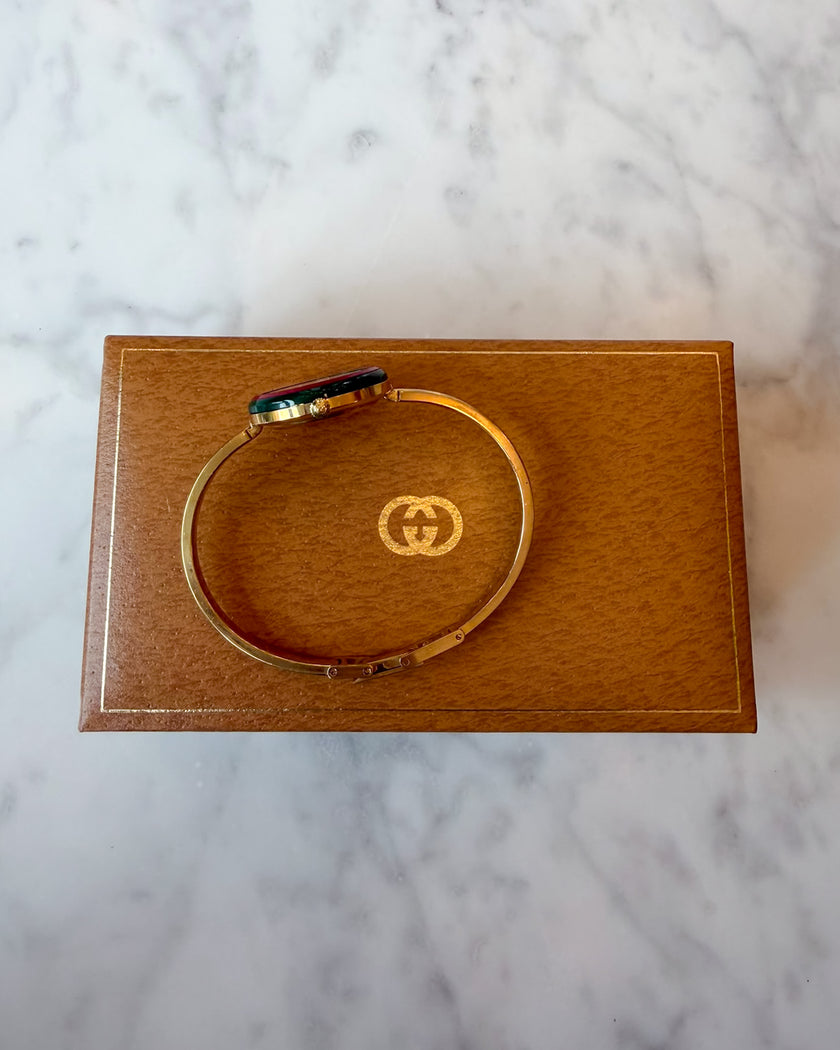 Vintage Gucci 345 Gold Bangle Watch with 12 Interchangeable Bezels & Box
